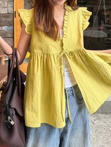 FRIFUL Áo hai dây nữ kiểu dáng thường ngày, tay bồng, thắt nơ phía trước, chất liệu cotton lanh, có bèo nhún. - Màu vàng - Xem 6