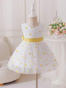 SHEIN Glamorique Kids 女婴优雅迷人可爱雏菊网纱无袖黄色岛屿缎面收腰度假奢华双层薄纱蓬蓬裙 - 黃色 - 查看 2
