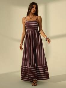 SHEIN Tall Đầm hai dây kẻ sọc dáng suông thoải mái cho nữ, đầm maxi chữ A cạp cao kẻ sọc phối màu, đầm slip màu nâu, đầm maxi kẻ sọc, đầm kẻ sọc màu nâu hồng, đầm maxi cổ vuông dáng suông kiểu Pháp cổ điển ôm dáng cho nữ, đầm nghỉ hè thanh lịch, đầm thanh lịch cho nữ, đầm đi nghỉ mát, trang phục nghỉ hè. - màu nâu - Xem 6