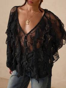 SHEIN Glamour Áo kiểu dáng thường ngày tay dài cổ chữ V màu cà phê dành cho nữ - màu đen - Xem 4
