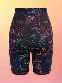 SHEIN X Care Bears 女士卡通印花弹力腰带打底裤 - 黑色 - 查看 2