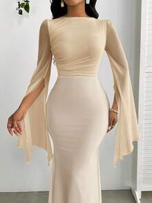 SHEIN Lady 女士纯色网纱拼接长袖修身连衣裙，包臀鱼尾下摆，优雅连衣裙 - 杏色 - 查看 6