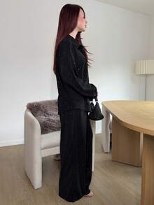 Abrilcols 2pcs Sequin Embellished Black Shirt & Straight Leg Pants Set, Casual Outfit For New Year, Christmas, Wedding, Party, Fashion Event Lounge Sets For Women - Black - View 4