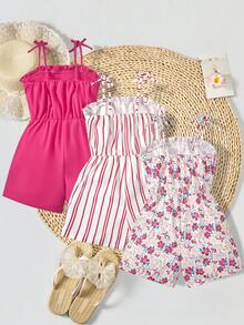 SHEIN Bộ 3 món cho bé gái tuổi teen, kiểu dáng thường ngày, họa tiết hoa và sọc, màu trơn, thích hợp cho gia đình nhiều con, đi biển, chơi ngoài trời và đi học. - Màu Hồng Tươi - Xem 2