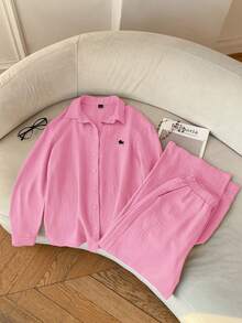 SHEIN EZwear 女士骑士印花单排扣长袖上衣和阔腿裤休闲套装，女士冬季睡衣套装，女士家居服衬衫套装，女士Polo衫运动服，女士家居服品牌服装 - 粉色 - 查看 4