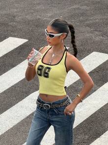 Muchica Áo len nữ cổ yếm ôm dáng, họa tiết số, kiểu dáng thường ngày. - Màu vàng ngỗng - Xem 1