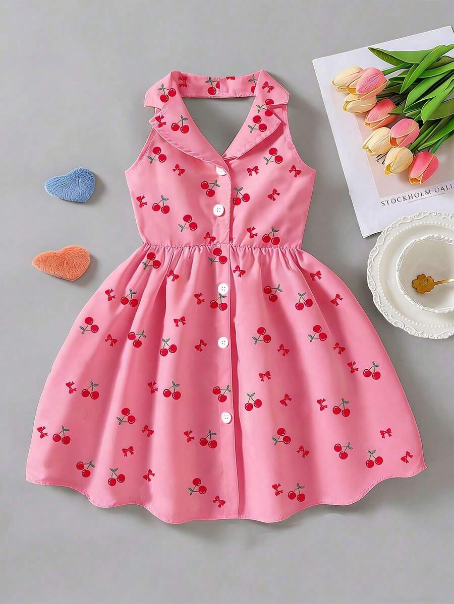 SHEIN Elladie kids 女童夏季新款时尚Polo领露背吊带束腰甜美度假风连衣裙，少女正式礼服 - 玫紅色 - 查看 1