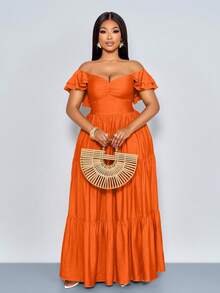 SOLERSUN Vestido maxi elegante de verano para mujer de talla grande, de unicolor, con cuello halter en V, plisado, corte evasé, fluido y elegante, ideal para vacaciones, playa y primavera y verano - Naranja - Ver 5