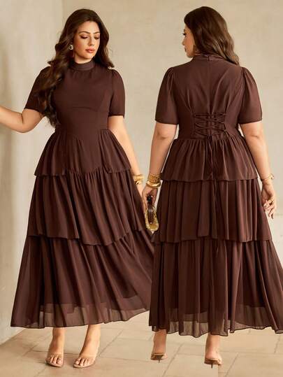 Roveilla Women's Merlot Chiffon Garlibh High Collar Waist Cinched Dress With Criss-Cross Bow Tie Waist, Ruffle Hem, A-Line Silhouette, Short Sleeve, Midi Length, Elegant French Romantic Vintage Style, Suitable For Commute, Business, Beach, Casual, Minimalist, Versatile, Middle Eastern, Wedding, Valentine's Day, Afternoon Tea, Party, Spring/Summer New Arrival