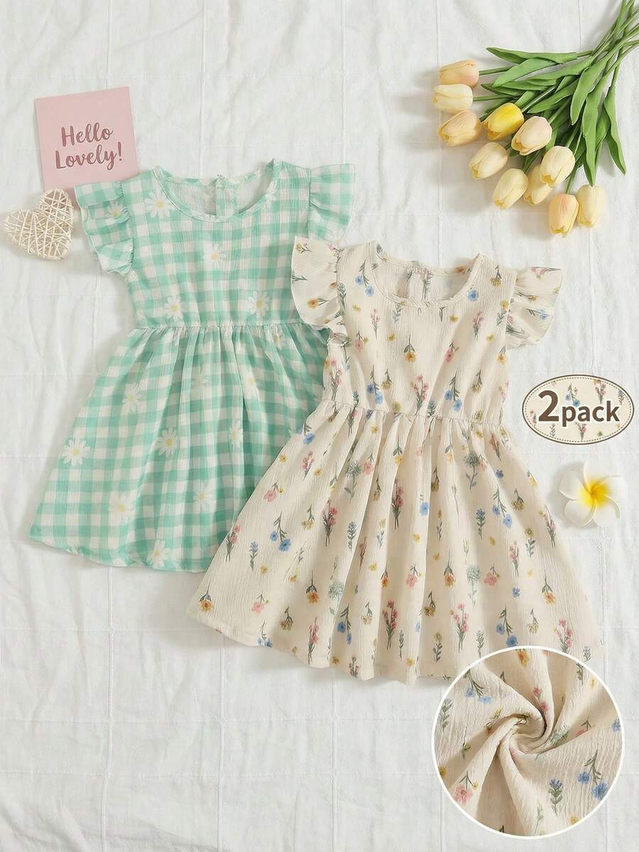 SHEIN Playful Pals 女童格子碎花圆领连衣裙 - 彩色 - 查看 1