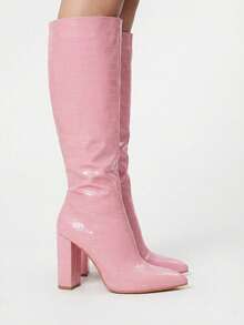 ROMWE Kawaii Botas clásicas con cremallera lateral con estampado de cocodrilo minimalista para otoño/invierno, botas de mujer de moda color rosa, para fiesta - Rosa - Ver 2