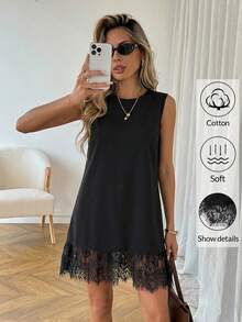 Easowa Cotton Crew Neck Sleeveless Lace Hem Mini Dress, Suitable For Casual, Beach, Holiday Wear, Spring/Summer Women's Sleeveless Black Shift Dress With Delicate Lace Hem And Round Neck Soft Cotton Feel For Summer Summer Dress Spring Dresses Beach Dress Casual Dresses For Women Vacation Dress Ruffle Dress,Black Dress For Women,Summer Dresses For Women - Black - View 7