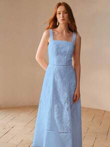 MOTF PREMIUM NEW ARRIVAL SPRING/SUMMER LIGHTWEIGHT ELEGANT SPAGHETTI STRAP SQUARE NECK LACE TRIM HOLLOW OUT FLARED DRESS FOR WOMEN - Lake Blue - View 3
