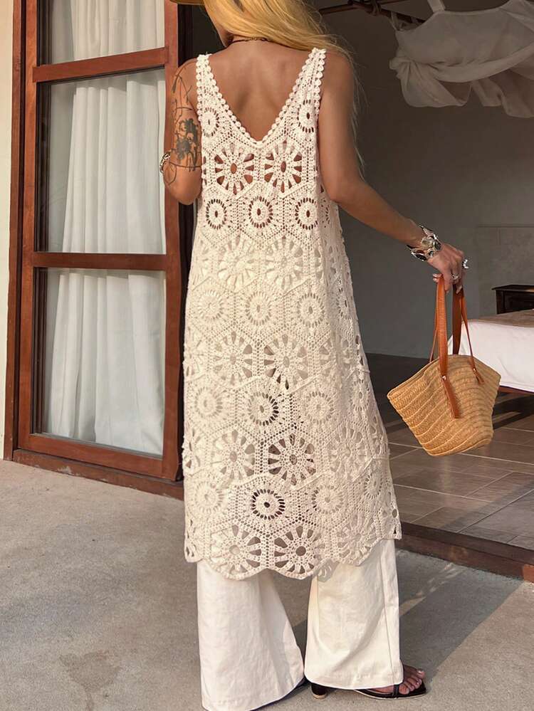 Women's Casual Hollow Out Tank Dress, Suitable For Beach Vacation, Spring & Summer