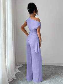 Elenzga Nuovo set estivo coreano a 2 pezzi, adatto per viaggi e fotografia, con un elegante top asimmetrico blu profondo del mare e pantaloni casual a vita alta - Viola malva - Visualizzare 2