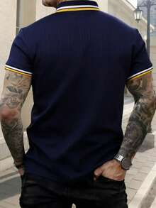 Manfinity Homme 男士柔软Polo衫，夏季休闲商务两相宜，纽扣领设计，适合度假和日常穿着，时尚设计，经典纽扣翻领，户外运动休闲，节日派对，四季皆宜，节日礼物 - 藏蓝色 - 查看 2