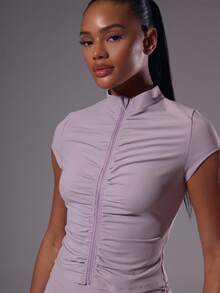 Musera Sport Ruched Front Detail Short Sleeve Zip Through Active Top Workout Gym Sports Pilates Fitness Daily Casual Hibiscus - Dusty Purple - View 3