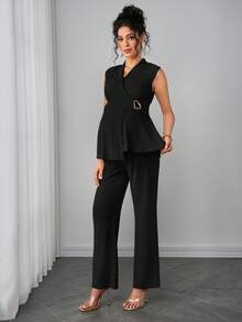 Momance 2pcs Maternity Set: Sleeveless V-Neck Top With Waist Ruching And Asymmetric Hem, Elastic Waist Straight Leg Pants, Knit Jacquard Fabric - Black - View 6