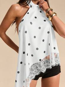 Top de satén con parches de encaje y espalda descubierta, elegante y apropiado para fiestas, cócteles, ocasiones formales, Navidad y vestimenta casual de negocios - Blanco 3 - Ver 3
