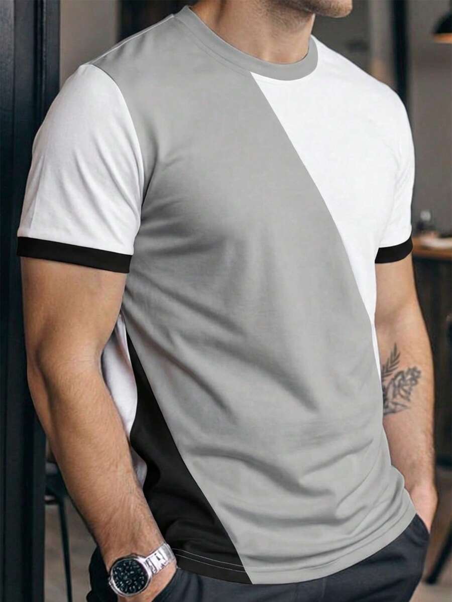 Manfinity Homme Men's Round Neck Short Sleeve T-Shirt, Tri-Color Patchwork In Black, White And Gray All-Match Colors, Minimalist Casual, Slim Fit, Versatile And Comfortable - Multicolor - View 1