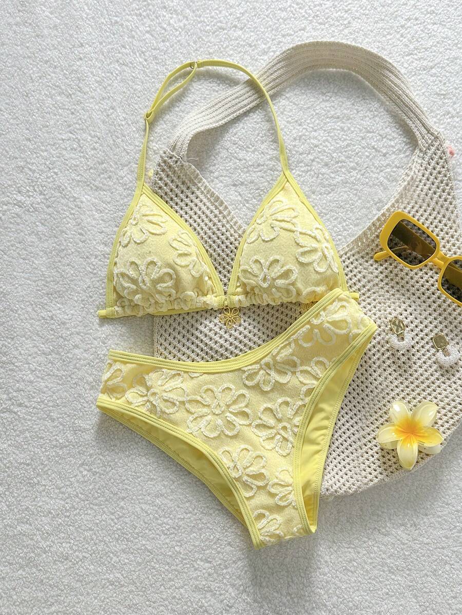 SHEIN Áo bikini hai dây màu kem dành cho thiếu nữ, thích hợp cho kỳ nghỉ hè ở bãi biển. - Màu vàng - Xem 1