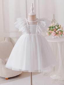Glamorique Kids Đầm tay ngắn cổ tròn phối ren lưới tương phản thêu hoa mới cho bé gái mùa xuân/hè. - trắng - Xem 9