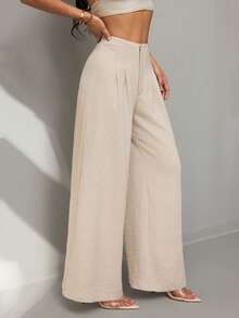 SHEIN PETITE Quần nữ ống rộng xếp ly cạp cao có khóa kéo, màu đỏ cà tím, kiểu dáng thanh lịch, thường ngày, phù hợp đi làm, đi học, đi làm công sở. - Màu Khaki - Xem 4