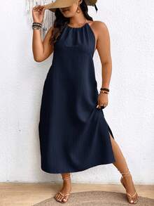 SHEIN Frenchy Plus Size Backless Halter Neck Tie Split Beach Vacation Hawaiian Dress For Women - Navy Blue - View 6