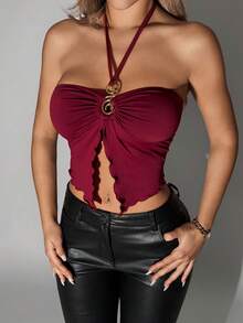 SHEIN ICON 修身金属装饰露背开衩下摆女式背心 - 酒紅色 - 查看 5