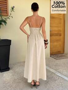 Siren Gaze Women's Long Cotton Dress, Spring/Summer - Apricot - View 2
