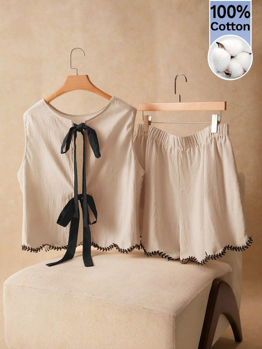 Elaquor 大码度假休闲刺绣饰边背心和短裤两件套女式上衣和衬衫 Zanzea 女式连衣裙春夏休闲度假套装 - 杏色 - 查看 1