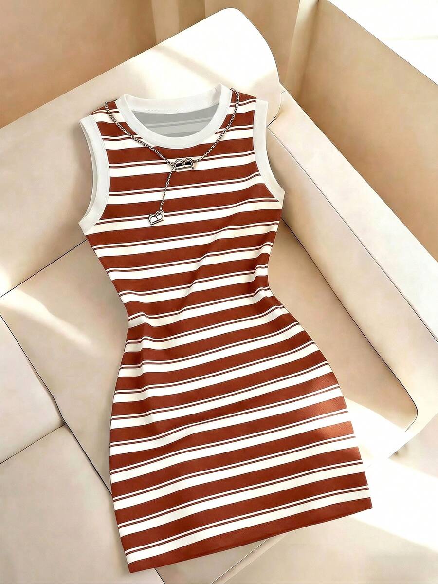 Resyla Đầm hai dây ôm sát cổ tròn in sọc, hàng mới về dành cho nữ mùa xuân/hè. - Nhiều màu - Xem 1