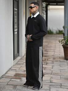 Devon Thys Men's Solid Color Drawstring Waist Casual Pants, Men's Wide Leg Sweatpants, For Rave - Black - View 1