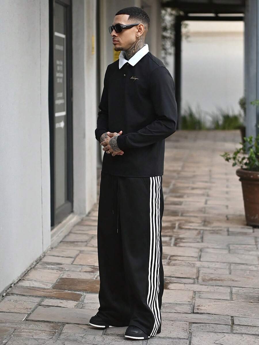 Devon Thys Men's Solid Color Drawstring Waist Casual Pants, Men's Wide Leg Sweatpants, For Rave - Black - View 1