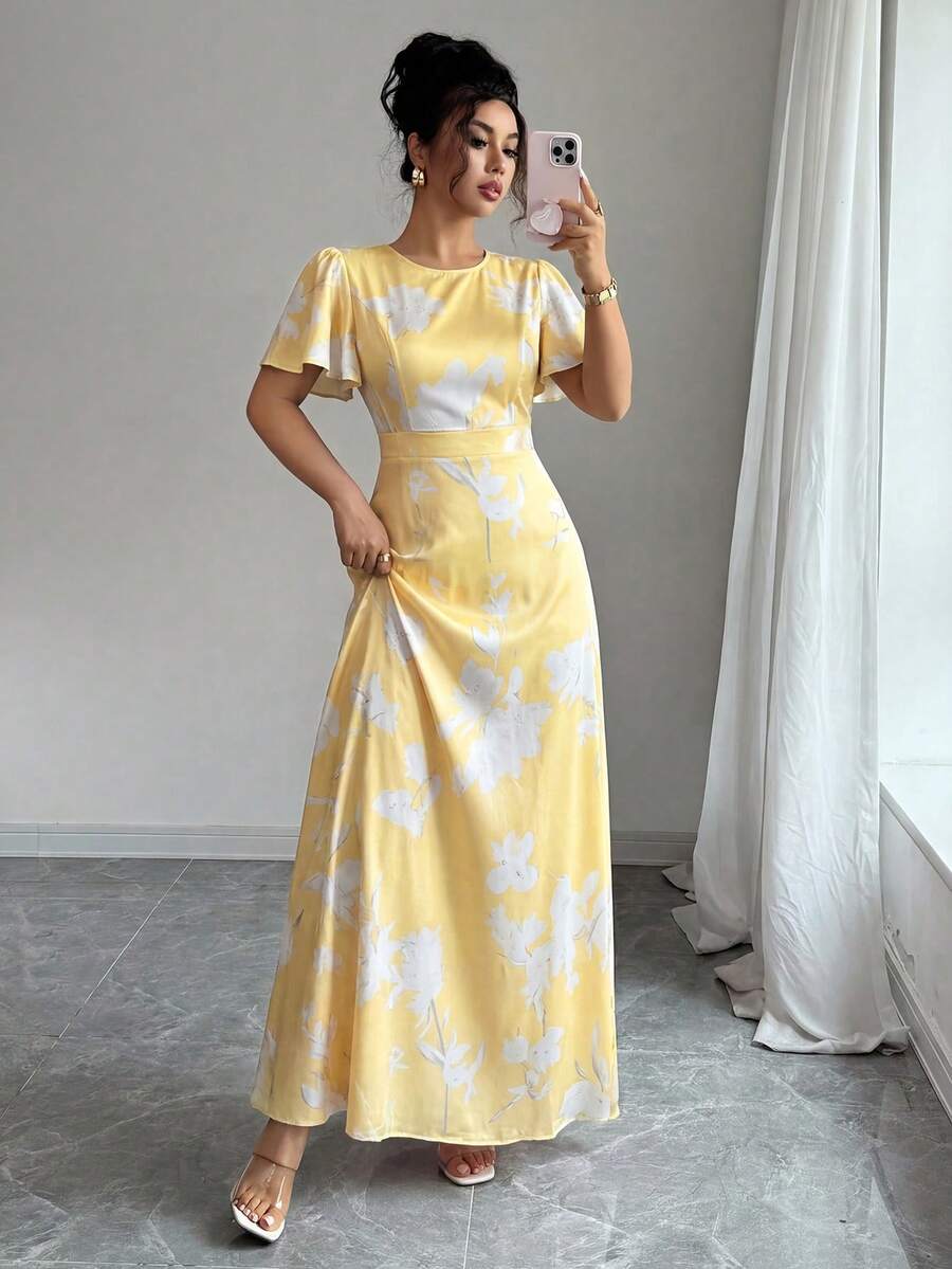 Elenzga 荷叶边袖圆领收腰数码印花优雅浪漫女装 - 淡黃色 - 查看 1