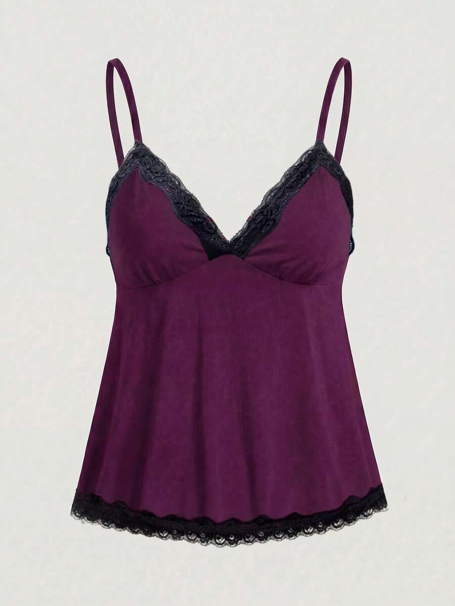 ROMWE Fairycore 撞色蕾丝拼接休闲日常吊带背心 - 紫色 - 查看 1