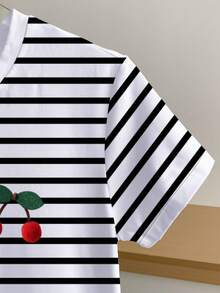 Women's Cherry Print Short Sleeve Striped Casual Round Neck T-Shirt - White - View 4