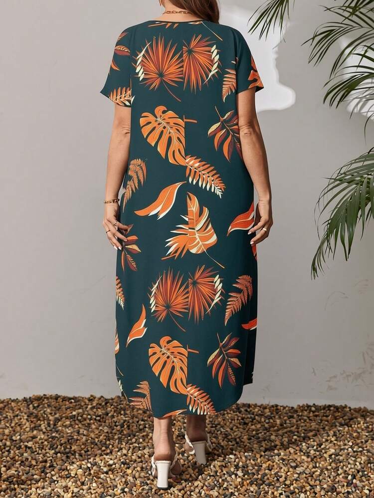 Plus Size Women Tropical Plant Print Short Sleeve Casual Dress