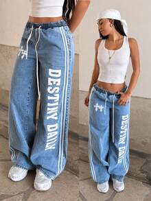 StreetHx Women's Fashionable Casual Sporty Printed Wide Leg Straight Jeans - Light Wash - View 11