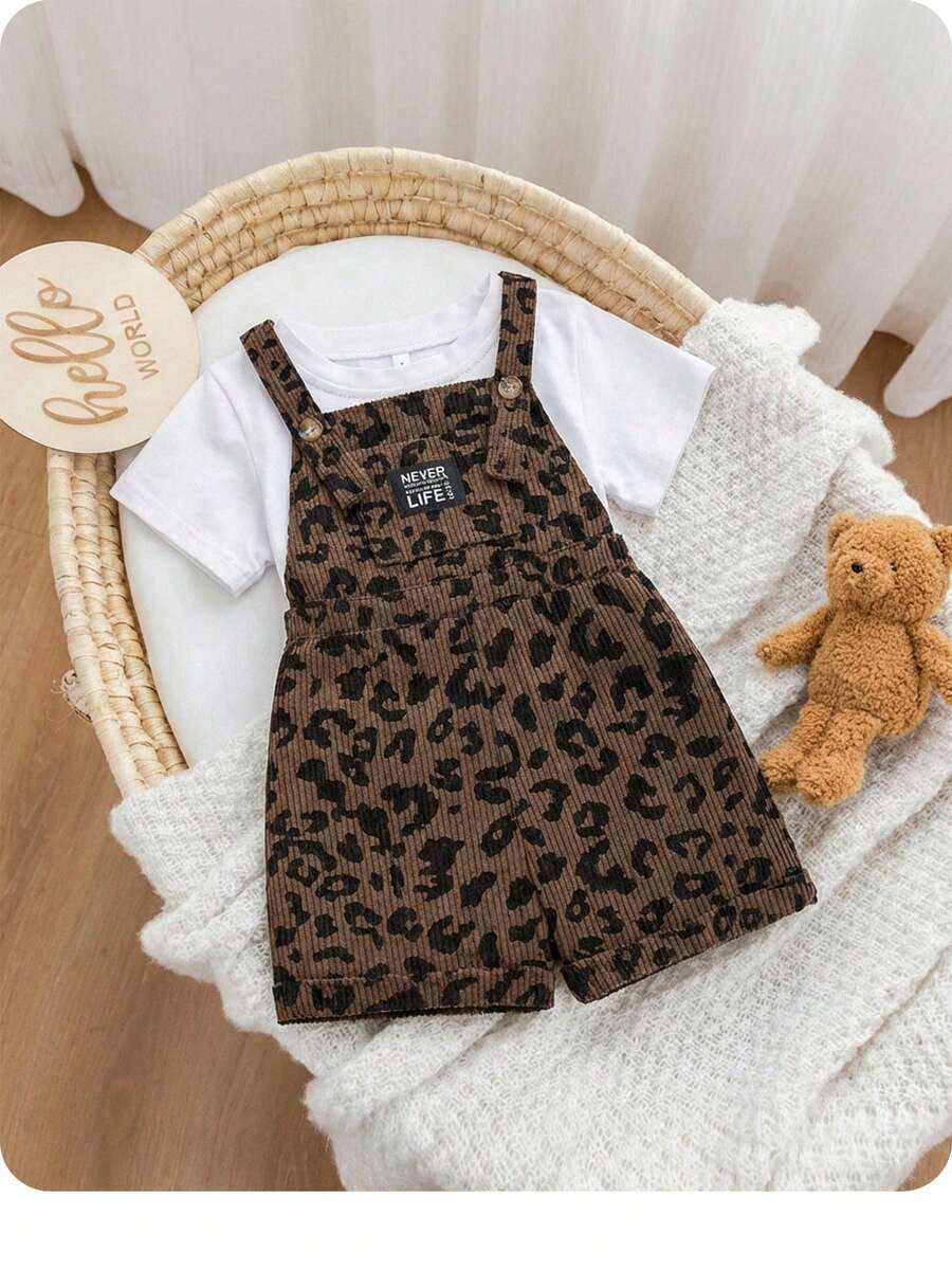 SHEIN Babygirl Cozy Corduroy Leopard Print Casual Romper - Multicolor - View 1
