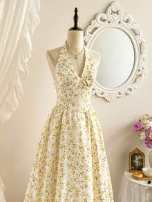 Vintamour Đầm nữ cổ điển thanh lịch, đầm nữ dáng ôm cổ yếm in hoa mùa xuân/hè, đầm hoa màu vàng dáng xòe. - Vàng nhạt - Xem 3