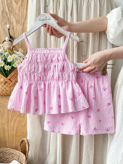 Vintaside Kids Tween Girls' Summer Striped Bow Print Camisole And Shorts Set, Ruched Waist Loose Fit, Suitable For Daily Outings, Casual Hangouts, Picnics, And Photo Shoots