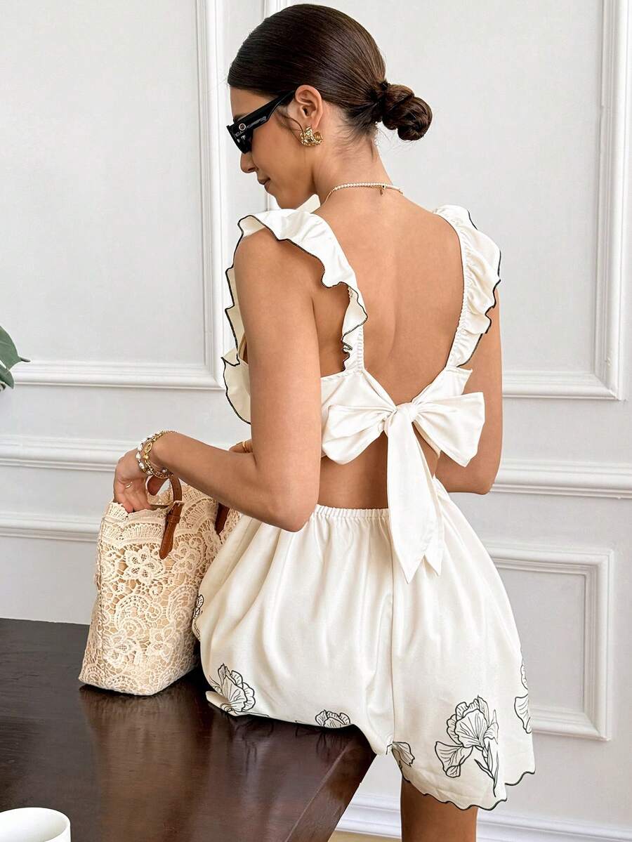 Serisse Women's Floral Print Ruffle Hem Bow Tie Romper - Apricot - View 1