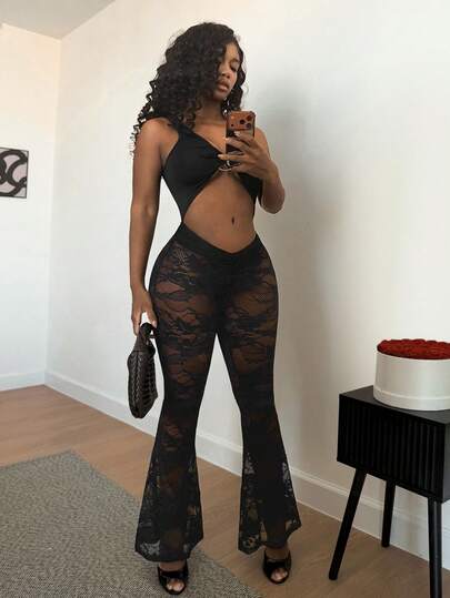 SHEIN BamGlam Women's Fashionable Sexy Contrast Lace Hollow Out Flare Jumpsuit, Summer