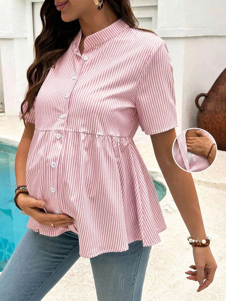 Áo bầu và cho con bú kẻ sọc, cài cúc phía trước, tay ngắn, dáng rộng. - Hồng - Xem 1