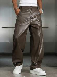 PAVTROS Pantalones de cuero sintético sueltos con bolsillo inclinado para hombre - Gris Oscuro - Ver 3