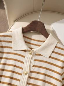 Franclia New Commuting Chic Design Turndown Collar Contrast Color Classic Striped Decor Matching Delicate Metal Button Loose Short Sleeve Knit Top - Multicolor - View 3