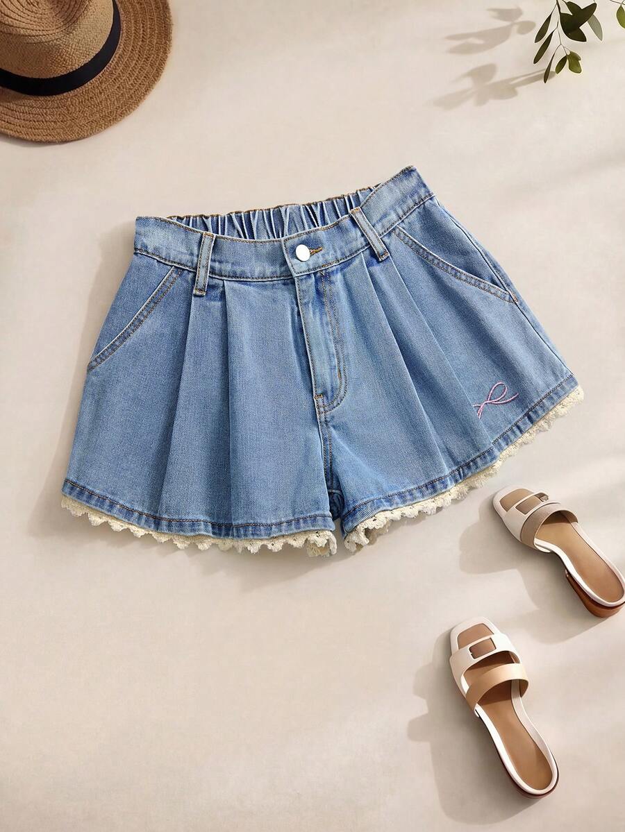 GlowEve 女士夏季休闲水洗翻边褶裥斜插口袋牛仔短裤 - 藍色 - 查看 1