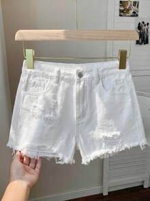 SHEIN 青少年女孩夏季波西米亚休闲纯色水洗高腰纯色水洗破洞牛仔裤短裤，带磨损下摆和破洞口袋，女孩夏季海滩度假宽松短裤，夏季音乐会节休闲狂欢，女孩夏季早午餐毕业 - 白色 - 查看 6