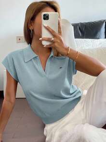 DAZY Áo polo cổ bẻ liền cổ màu trơn dành cho nữ, kiểu dáng thường ngày, thích hợp mặc đi làm, mùa xuân/hè. - Màu xanh lam - Xem 5